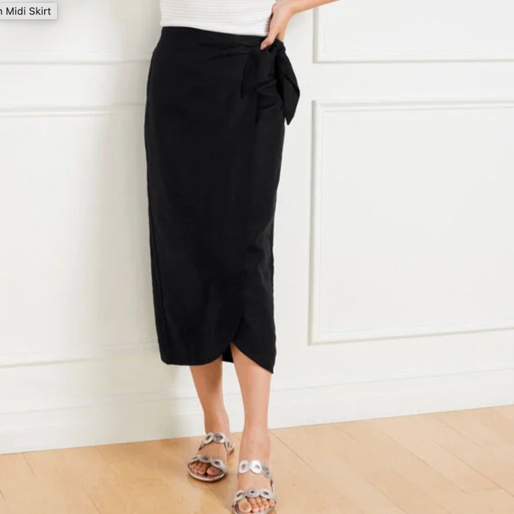 Talbots LINEN Tulip Hem Midi Skirt Black Petite 8 NWT